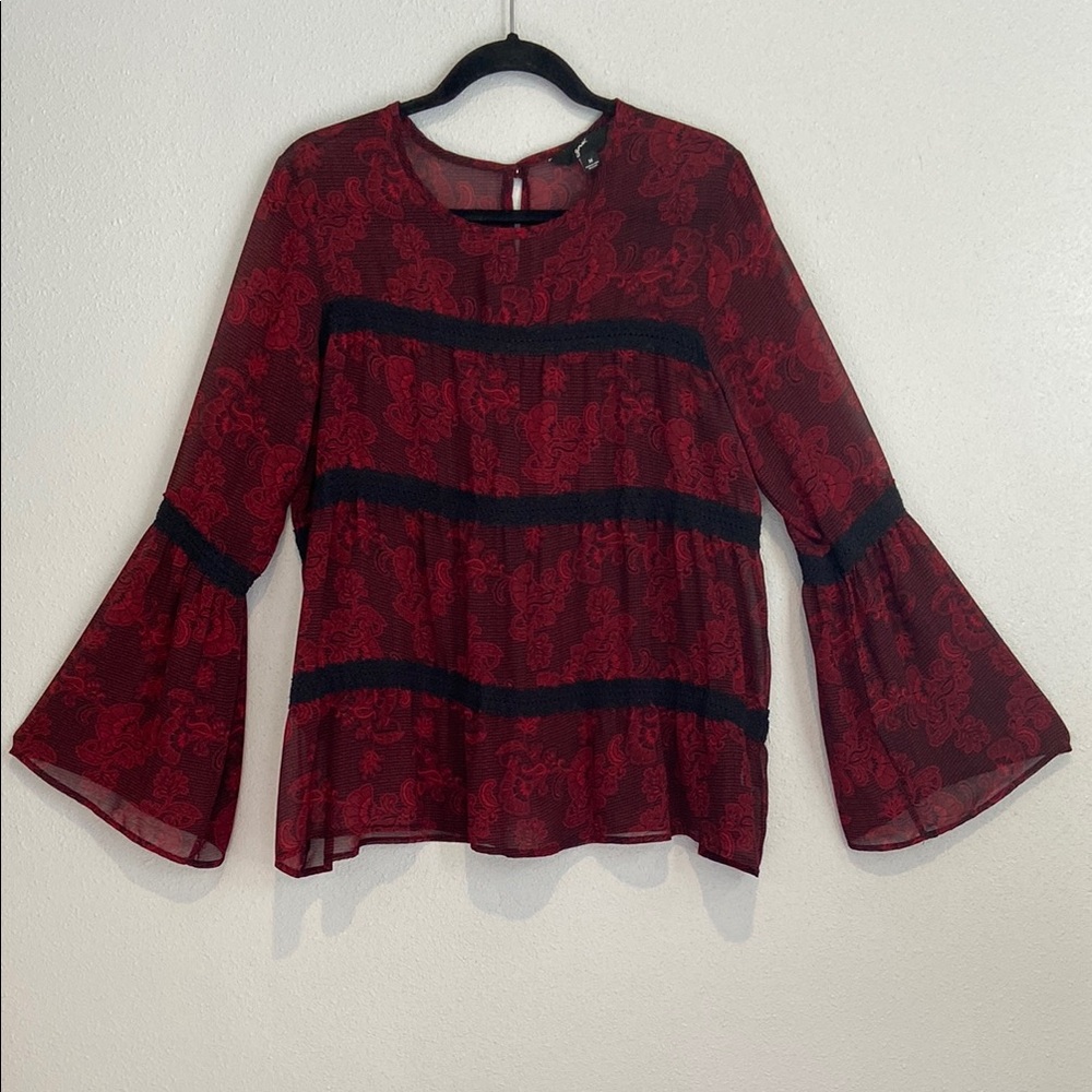 GNW Womens Floral Lace Blouse Flare Sleeve Sheer Chiffon Top Shirt Size Medium